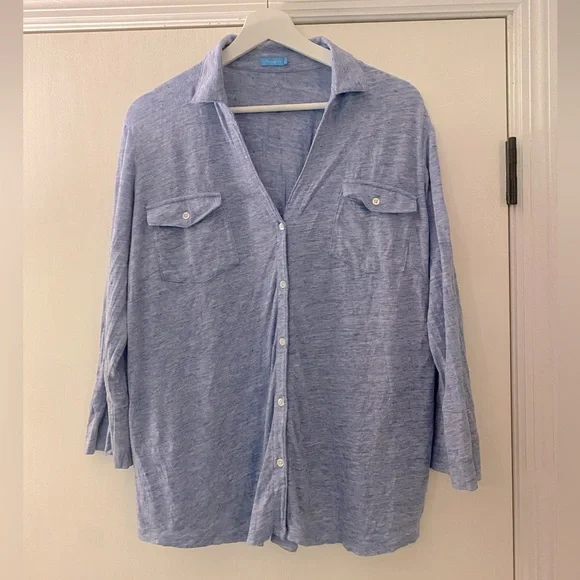 J McLaughlin Brynn Linen Button Down Top Heathered Blue 3/4 Sleeve Size XL D44 - Picture 5 of 8